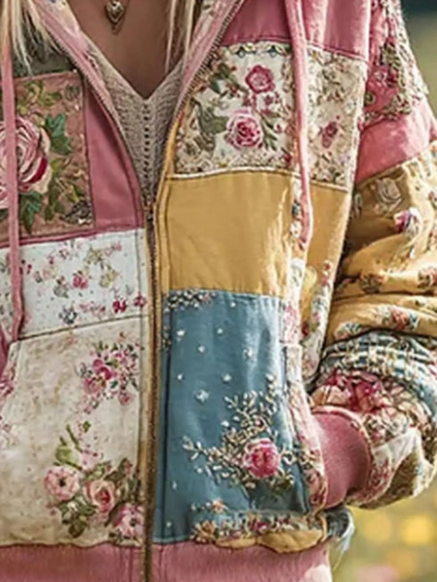 Dusty pink plus size floral zip up sweatshirt with pockets