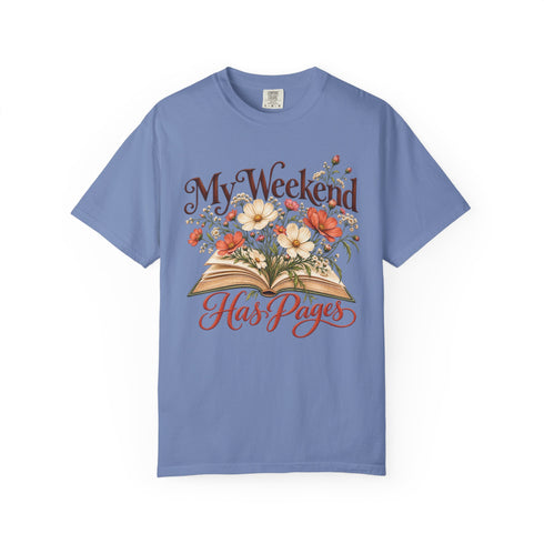 My Weekend Has Pages Comfort Colors tee in Washed Denim, front view with open book, colorful flowers and vintage-style lettering