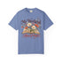 My Weekend Has Pages Comfort Colors tee in Washed Denim, front view with open book, colorful flowers and vintage-style lettering