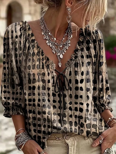 Women's Tie-Neck Ruffle Blouse - 3/4 Sleeve S-3XL - Twice The Charm Boutique