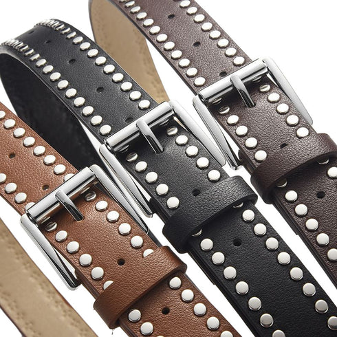 Close-up of studded belt edges and alloy buckles