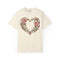 Ivory Comfort Colors tee with pink tulips, cream flowers and leafy stems arranged in a heart