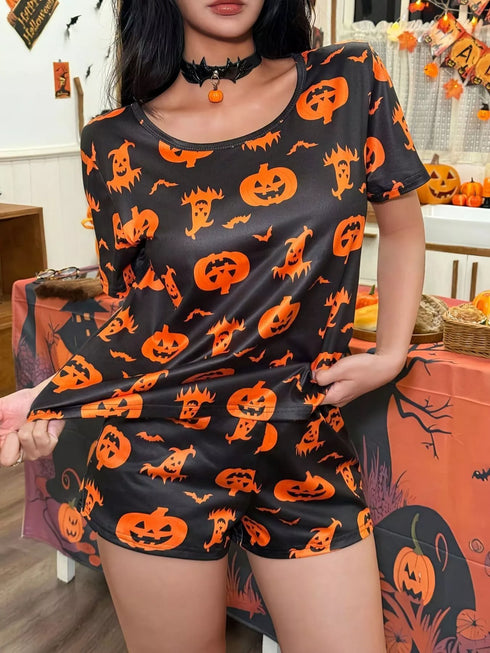 Halloween Pajama Set - Short Sleeve Top & Drawstring Shorts - Twice The Charm Boutique