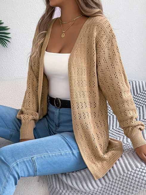 Khaki crochet-knit cardigan, front view worn with a white top