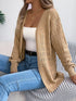 Khaki crochet-knit cardigan, front view worn with a white top