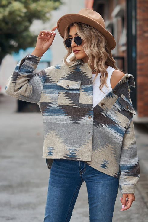Women's printed collared button front jacket