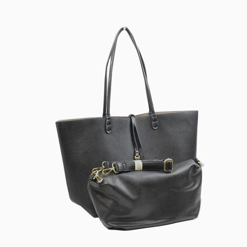 Black Kendra tote displayed with its separate small crossbody pouch and strap — gallery image 6