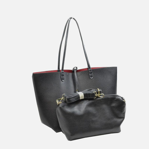 Black Kendra tote displayed with its separate small crossbody pouch and strap — gallery image 9