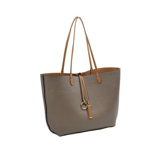 Gray Kendra reversible tote with tan handles and hanging metal hardware — gallery image 28
