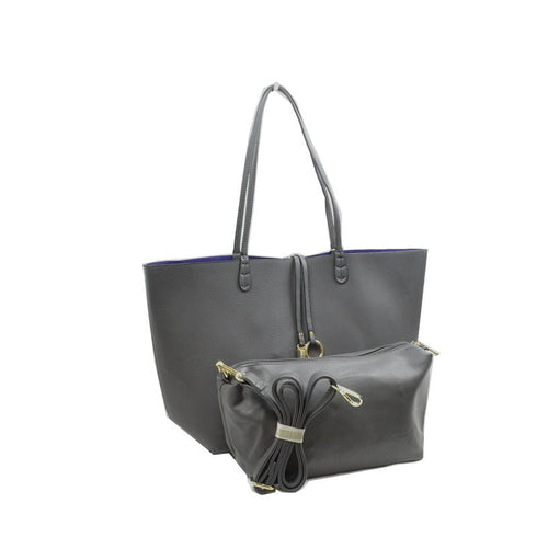 Gray Kendra reversible tote displayed with a smaller pouch — gallery image 36