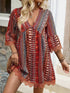 Lace Trim Printed V-Neck 3/4 Sleeve Dress - Twice The Charm Boutique