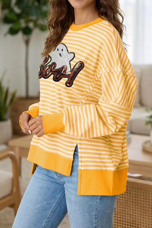 Halloween Ghost Long Sleeve Top - Sequin BOO Split Hem - Twice The Charm Boutique