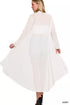 Back view of ivory mesh cardigan showing the long flowing hem
