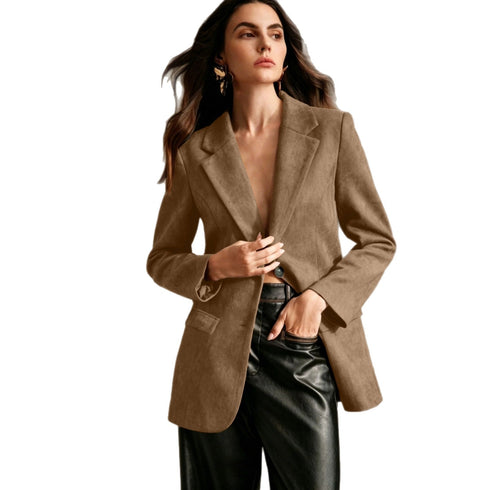 Light neutral suede-look blazer on model against a white background