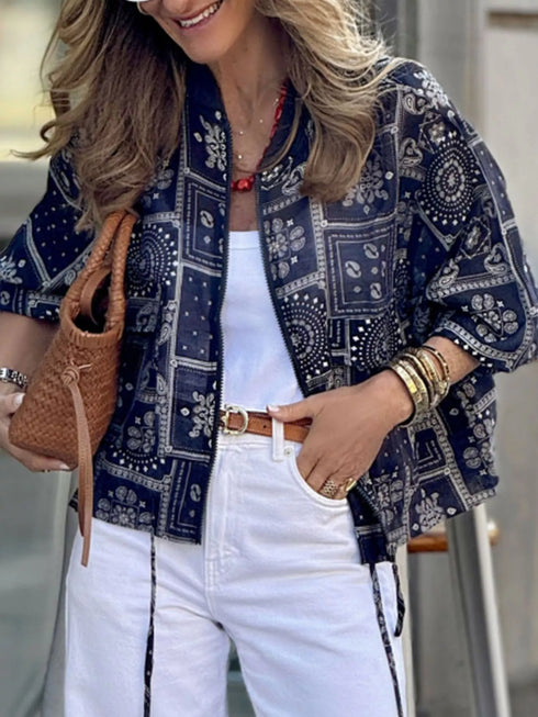 Black lightweight printed zip up jacket for women