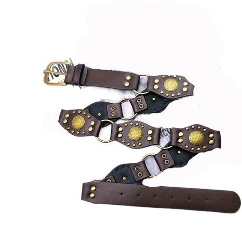 Brown studded belt laid out on white, showing buckle, linked panels and long end