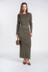 Model wearing olive scalloped skirt with matching top, sold separately