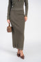 Olive rib-knit maxi skirt showing the scalloped hem, front view