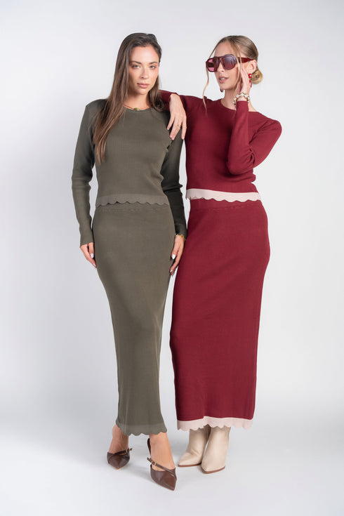 Olive and burgundy scalloped skirt outfits displayed side by side
