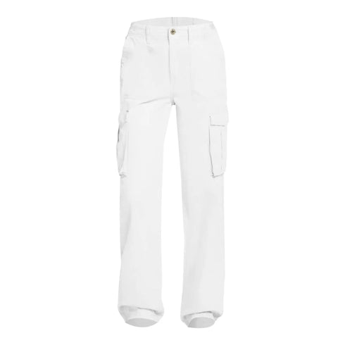 White high-waisted cargo pants shown from the front