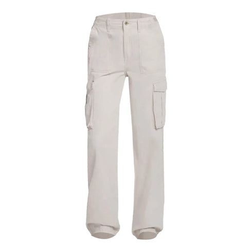 Light gray cargo pants with utility pockets, front view