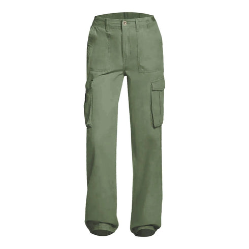 Front view of green cargo pants showing high waist and side pockets
