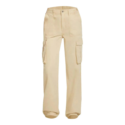 Beige cargo pants shown flat from the front