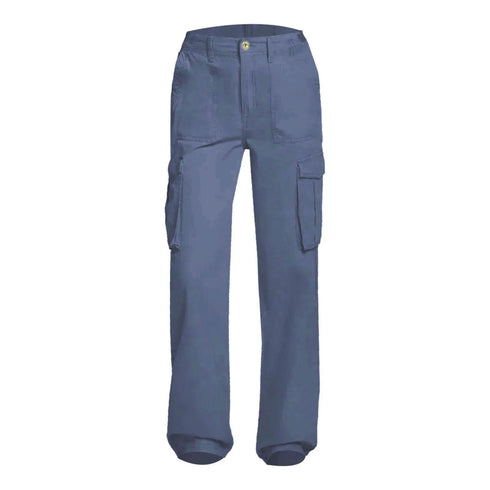 Blue cargo pants showing straight legs and waist loops