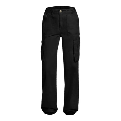 Black cargo pants with side flap pockets, front view