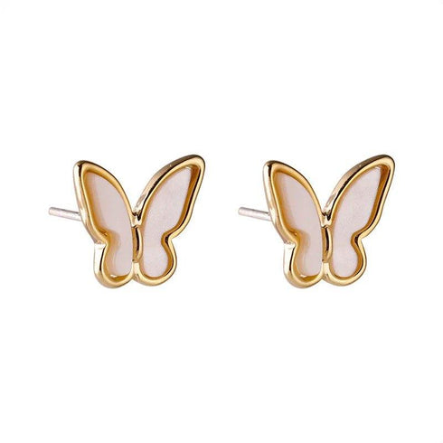 Close front view of mother-of-pearl butterfly stud earrings