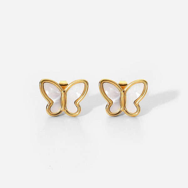 Gold-tone butterfly stud pair with white mother-of-pearl inlay