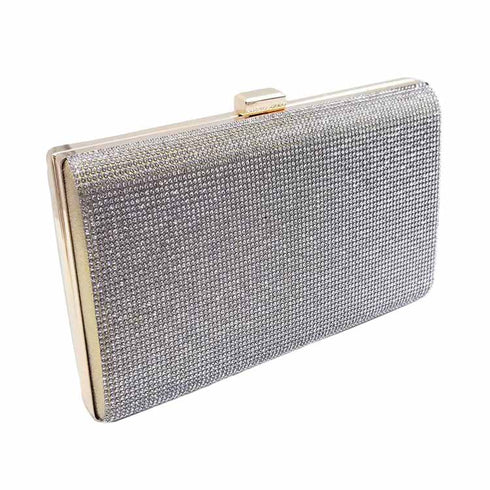 Clear-color evening clutch with a shimmering silver-look face and gold-tone frame