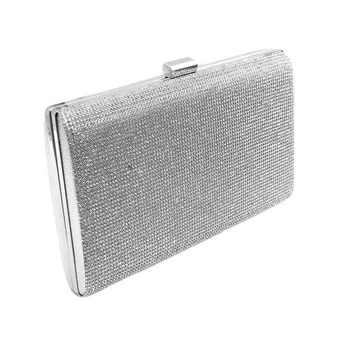 Silver shimmering rectangular evening clutch with top clasp