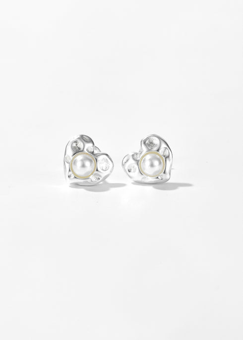 Wimsico Silver-color heart stud earrings with white pearl-style centers in open heart frames