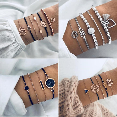 Collage of four STEVVEX boho bracelet stacks with beads, cords and charms