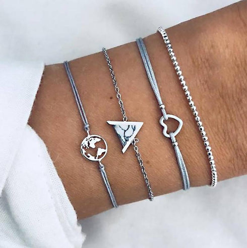 Silver-tone bracelets with globe, triangle and heart outline details
