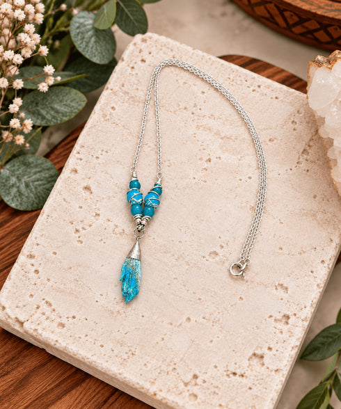 Aura Kyanite Pendant Necklace with Blue Beads – Handmade Jewelry