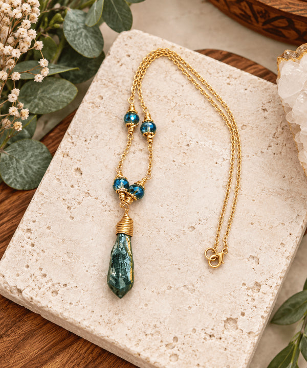 Handmade Green Wire-Wrapped Pendant Necklace with Blue Beads