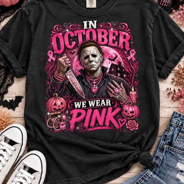 Michael Myers In October We Wear Pink Halloween Graphic T-Shirt