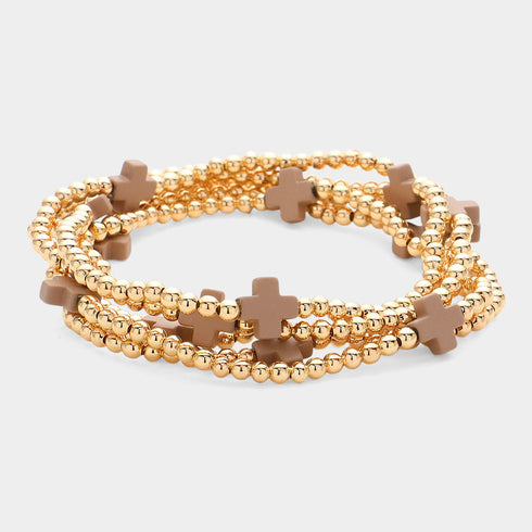 Brown cross-accent five-piece stretch bracelet set with gold-tone beads