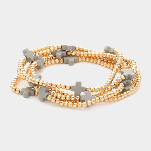 Gray cross-accent five-piece stretch bracelet set with gold-tone beads