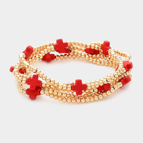 Red cross-accent five-piece stretch bracelet set with gold-tone beads