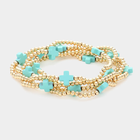 Turquoise cross-accent five-piece stretch bracelet set with gold-tone beads
