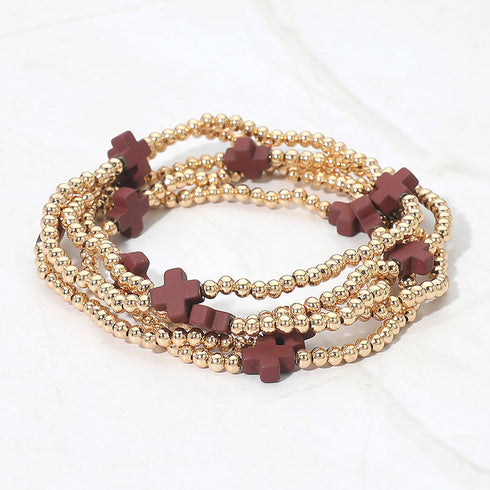 Wine cross-accent five-piece stretch bracelet set with gold-tone beads