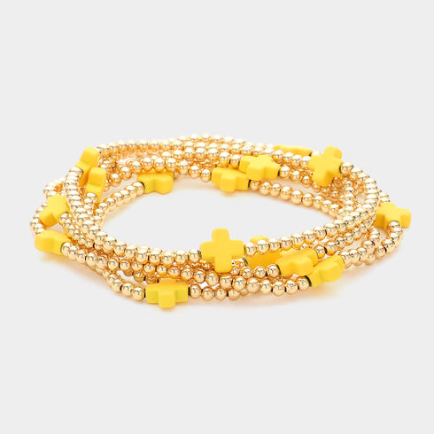 Yellow cross-accent five-piece stretch bracelet set with gold-tone beads