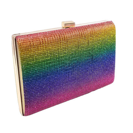 Multicolor rainbow shimmery evening clutch with gold-tone frame
