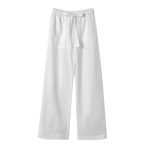 White wide-leg drawstring pants displayed flat, front view