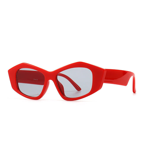 Red cat-eye sunglasses with grey tinted lenses