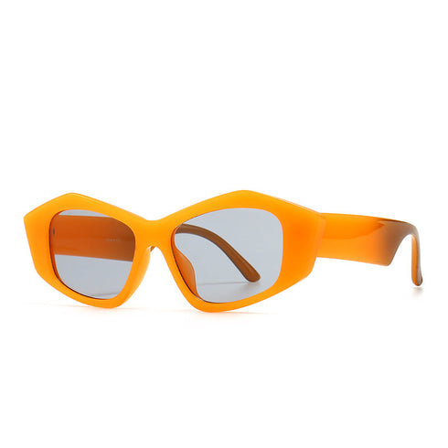 Orange angular cat-eye sunglasses, three-quarter view