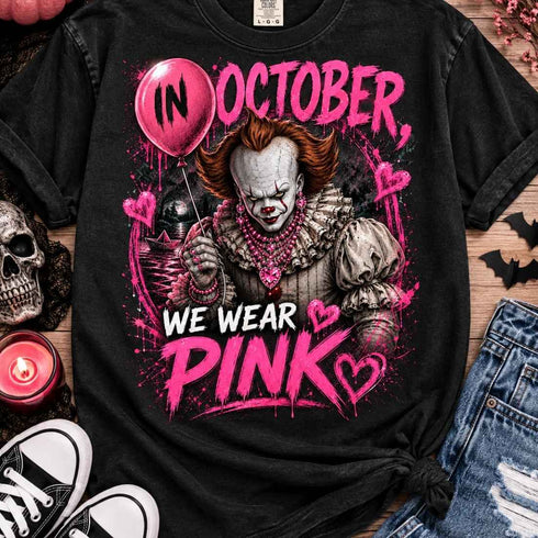 Pennywise In October We Wear Pink Halloween Graphic T-Shirt